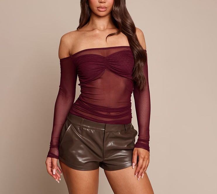 Sheer Paneled Off-Shoulder Top with Slim Fit