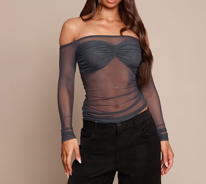 Sheer Paneled Off-Shoulder Top with Slim Fit
