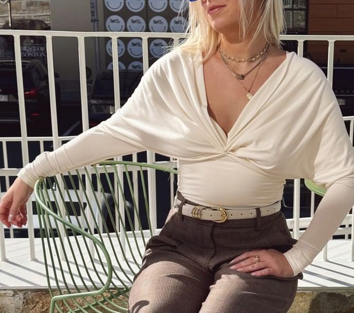 Open-Back Ruched V-Neck Crop Tee with Long Sleeves