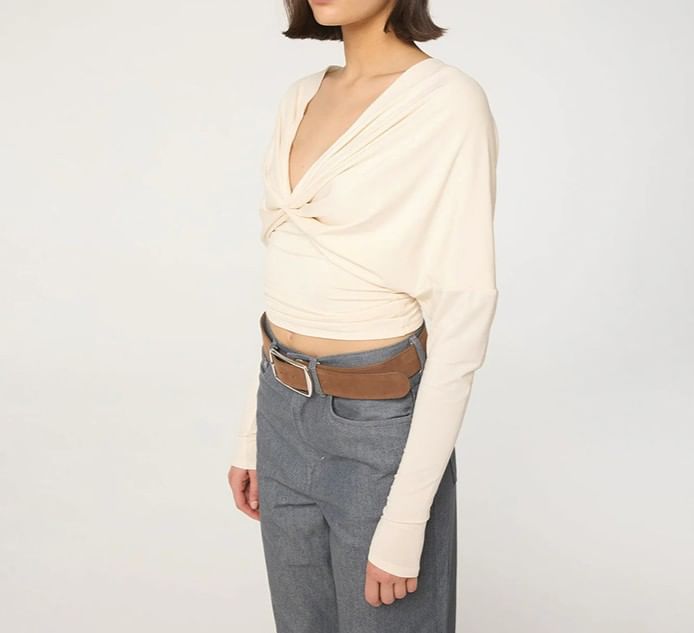 Open-Back Ruched V-Neck Crop Tee with Long Sleeves