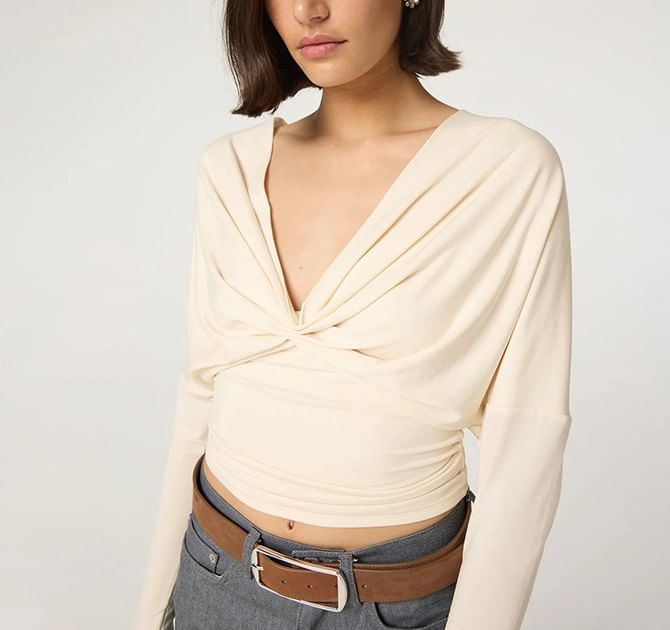 Open-Back Ruched V-Neck Crop Tee with Long Sleeves