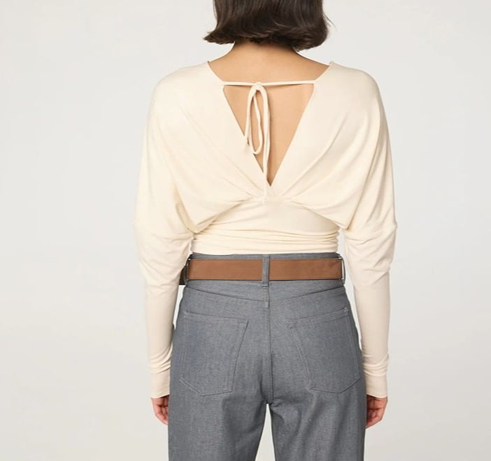 Open-Back Ruched V-Neck Crop Tee with Long Sleeves
