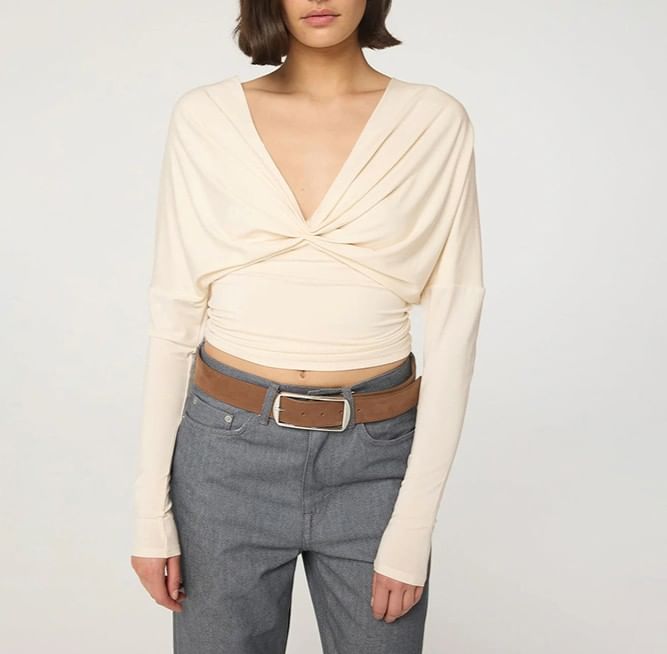 Open-Back Ruched V-Neck Crop Tee with Long Sleeves