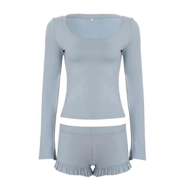 Matching Set: Scoop Neck Top and Ruffled Shorts