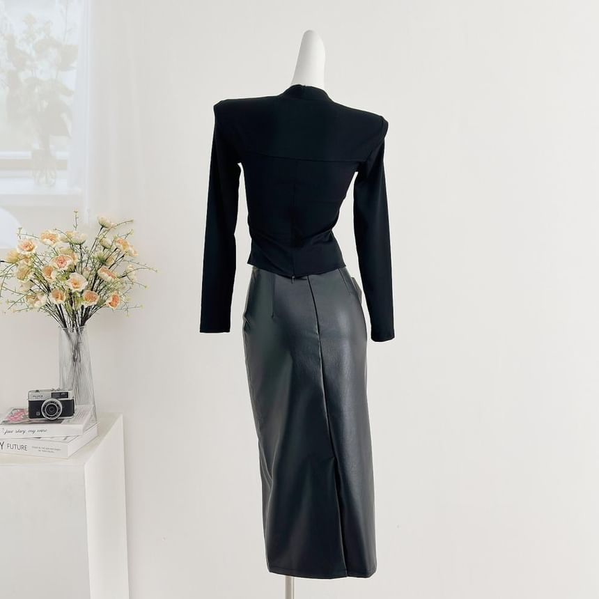 V-Neck Crop Top and Faux Leather Skirt Set