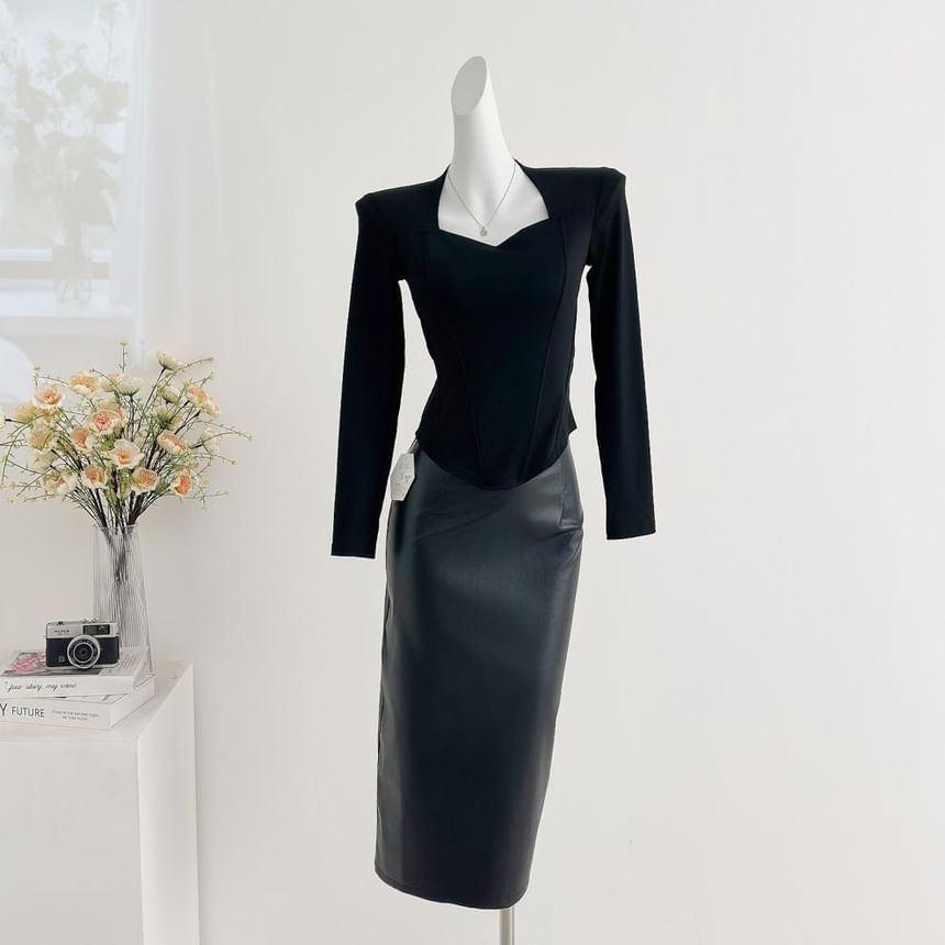 V-Neck Crop Top and Faux Leather Skirt Set