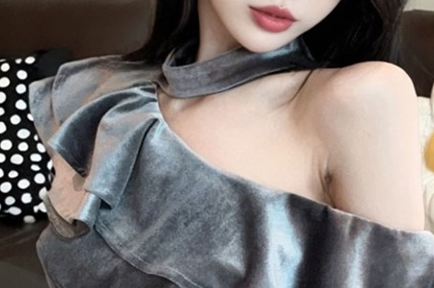 Velvet Off-Shoulder Crop Top with Ruffle Trim