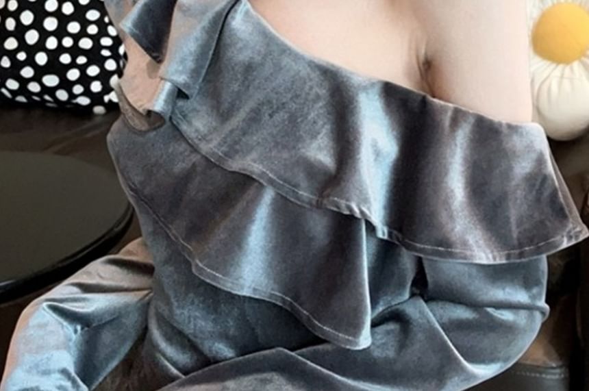 Velvet Off-Shoulder Crop Top with Ruffle Trim