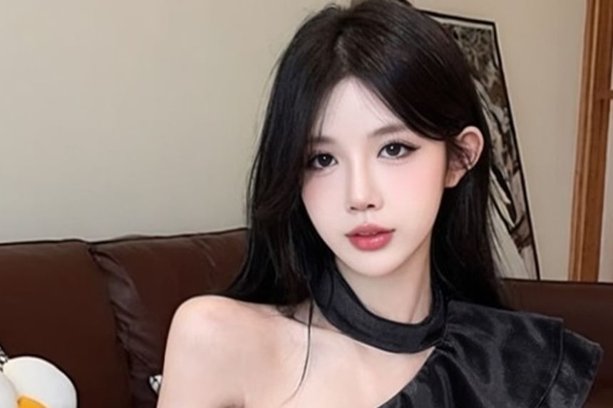 Velvet Off-Shoulder Crop Top with Ruffle Trim