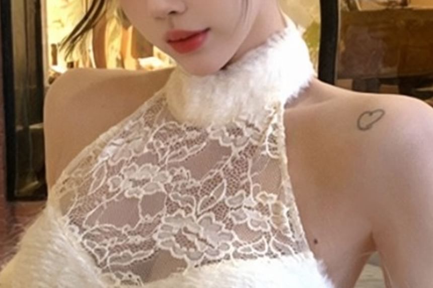 Fluffy Crop Top with Halter Neck and Lace Trim