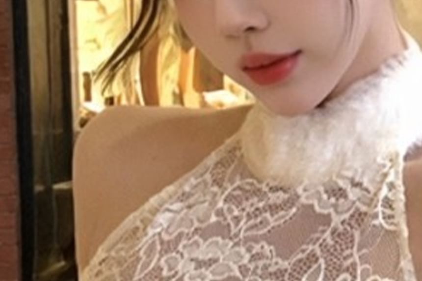 Fluffy Crop Top with Halter Neck and Lace Trim