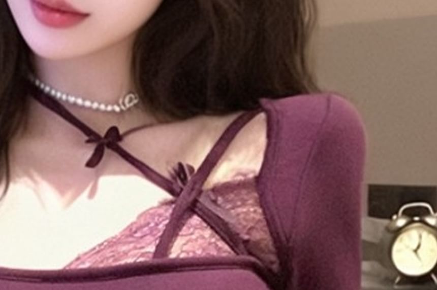 Asymmetrical Lace Crop Top with Halter Neck and Long Sleeves