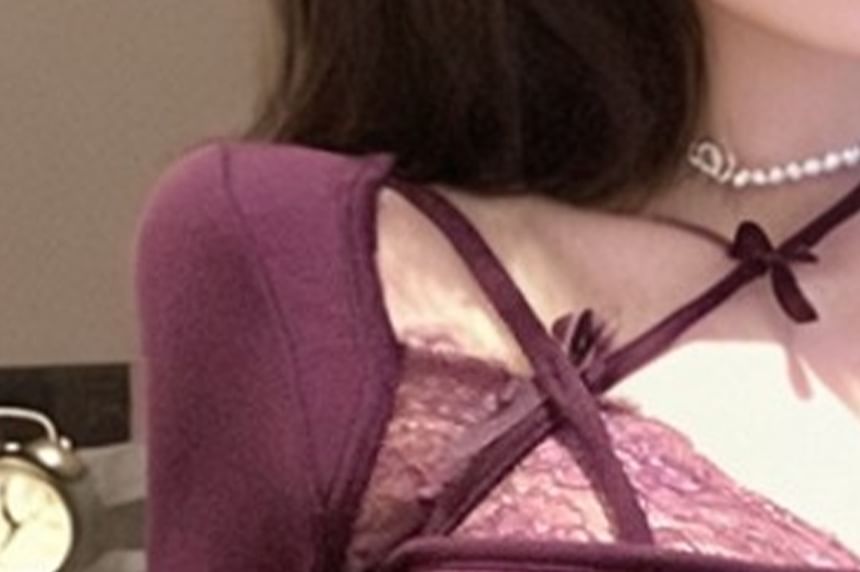 Asymmetrical Lace Crop Top with Halter Neck and Long Sleeves