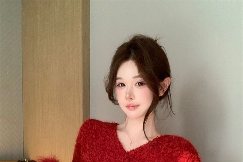 Fluffy V-Neck Sweater in Solid Color