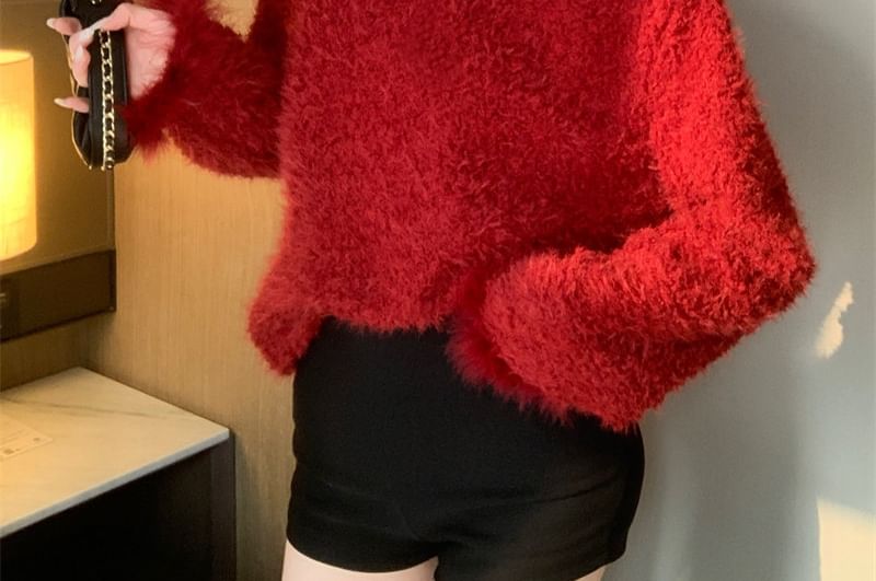 Fluffy V-Neck Sweater in Solid Color