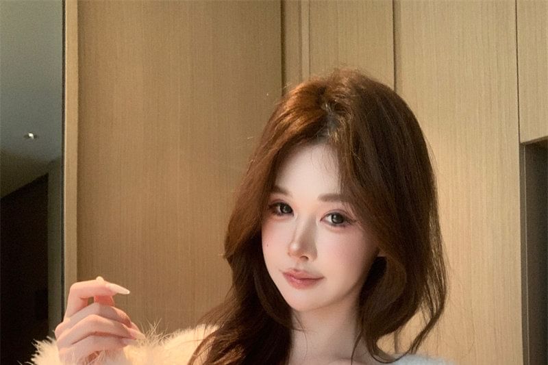 Fluffy V-Neck Sweater in Solid Color