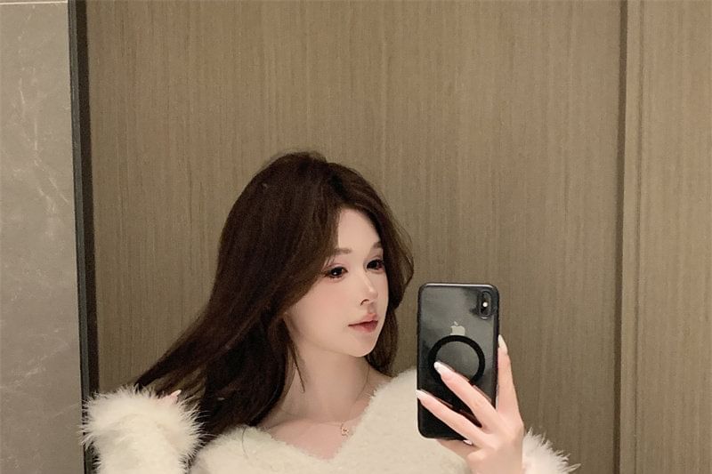 Fluffy V-Neck Sweater in Solid Color