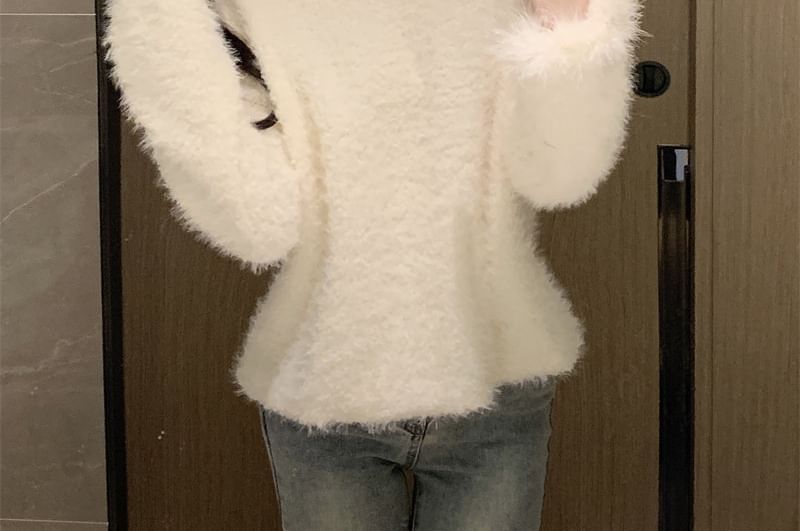 Fluffy V-Neck Sweater in Solid Color