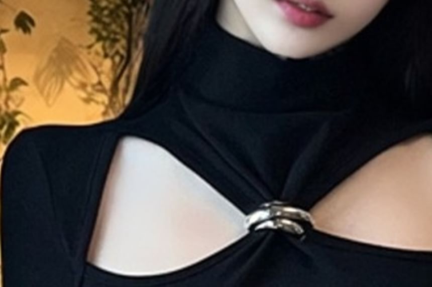 Metal Accent Turtleneck Top with Cutout Detail