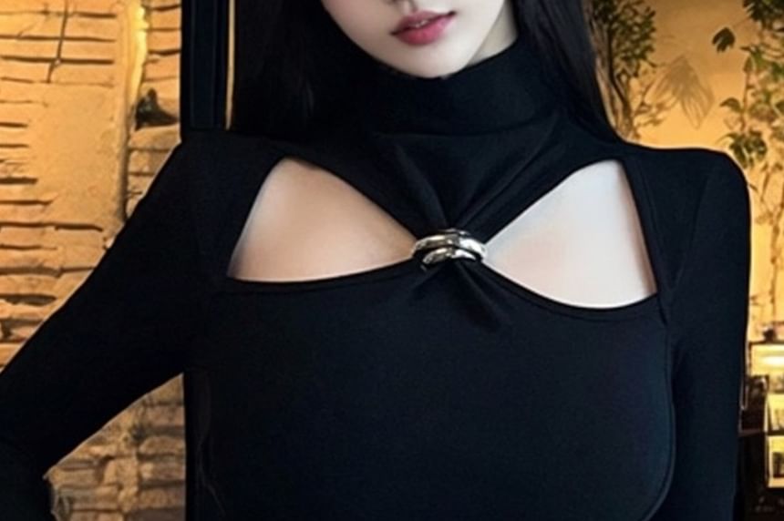 Metal Accent Turtleneck Top with Cutout Detail