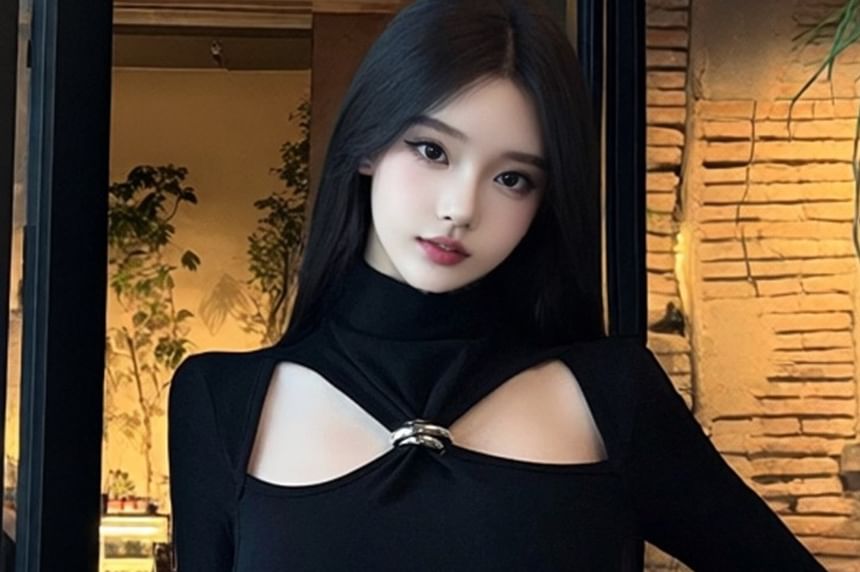 Metal Accent Turtleneck Top with Cutout Detail