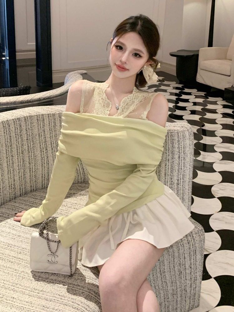 Ruched Lace Panel Top with V-Neck and Cold Shoulder, Two-Piece Style