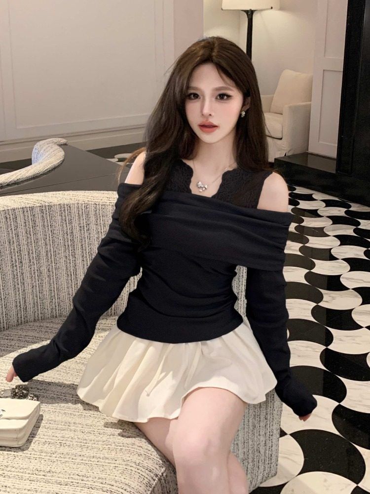 Ruched Lace Panel Top with V-Neck and Cold Shoulder, Two-Piece Style