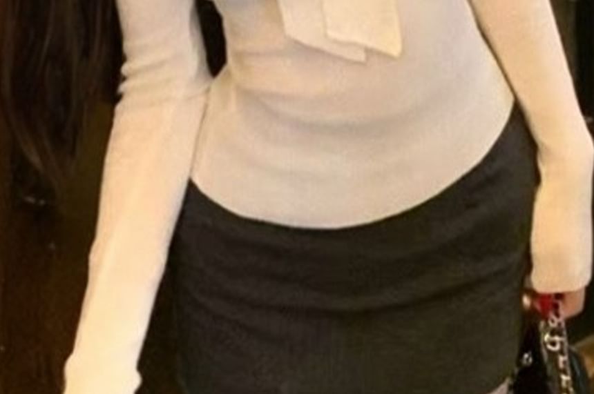 Slim Fit Knit Top with Sheer Panels and Tie Neck, High Waist Pencil Skirt