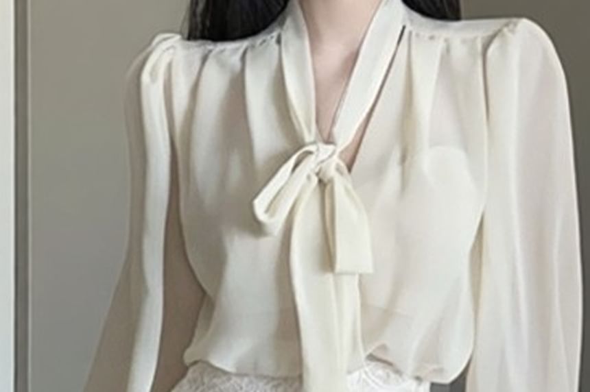 Sheer Tie-Neck Long Sleeve Blouse with Lace Mini Pencil Skirt