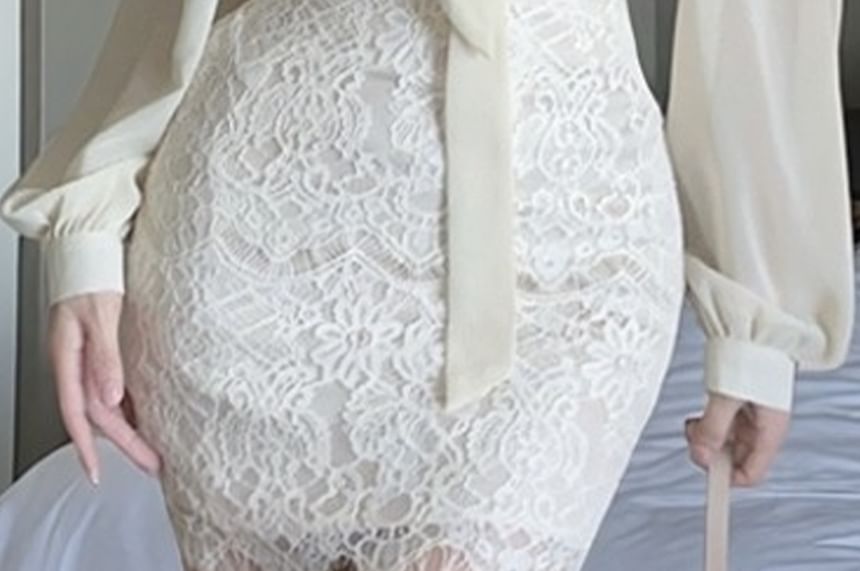 Sheer Tie-Neck Long Sleeve Blouse with Lace Mini Pencil Skirt
