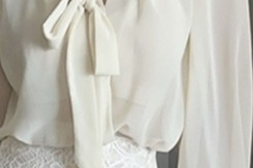 Sheer Tie-Neck Long Sleeve Blouse with Lace Mini Pencil Skirt