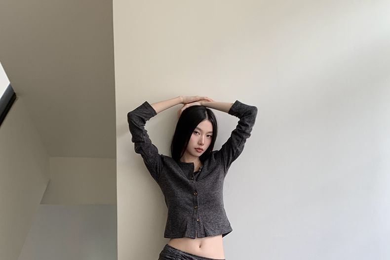 Crew Neck Button-Up Plain Crop Cardigan / Low Rise Asymmetrical Drawstring A-Line Skirt