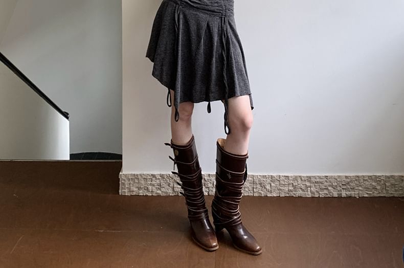 Crew Neck Button-Up Plain Crop Cardigan / Low Rise Asymmetrical Drawstring A-Line Skirt