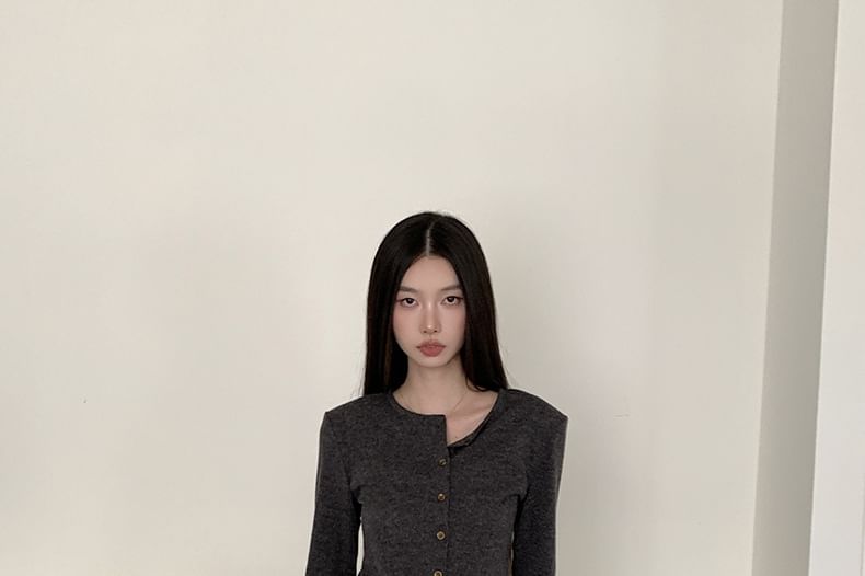Crew Neck Button-Up Plain Crop Cardigan / Low Rise Asymmetrical Drawstring A-Line Skirt