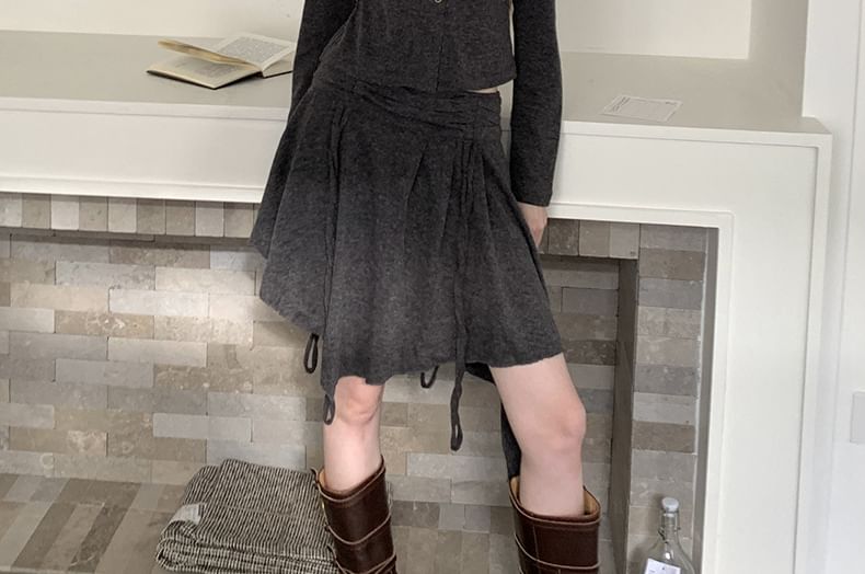 Crew Neck Button-Up Plain Crop Cardigan / Low Rise Asymmetrical Drawstring A-Line Skirt