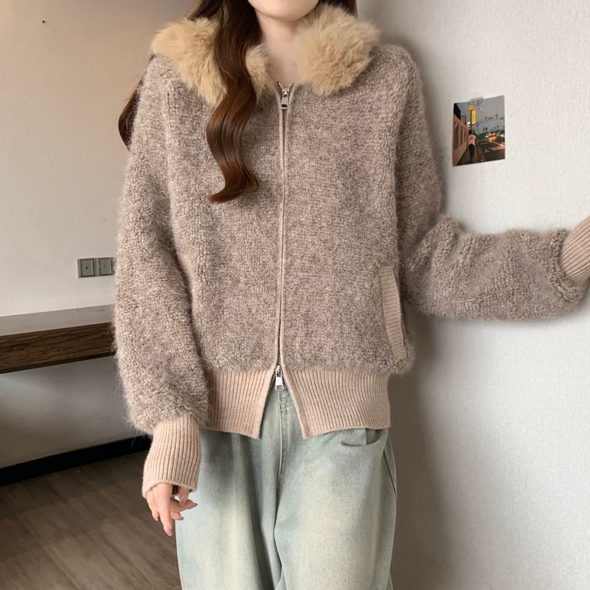 Fluffy Collared Plain Zip Cardigan