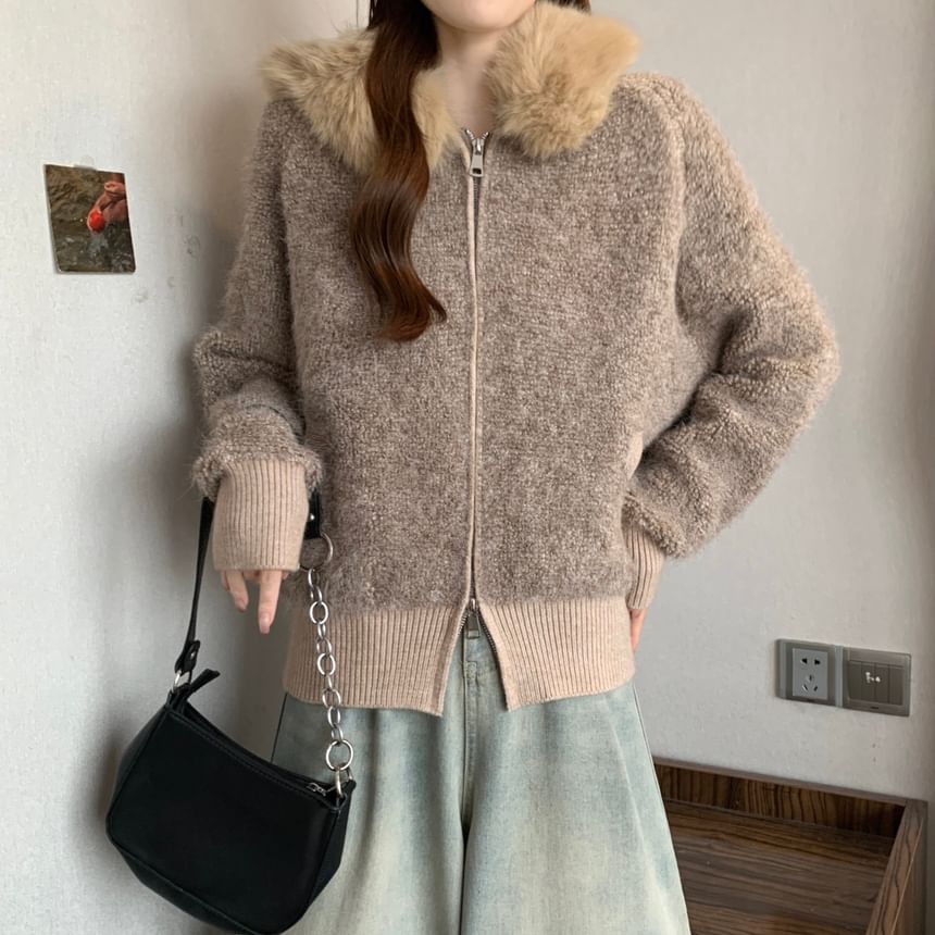 Fluffy Collared Plain Zip Cardigan
