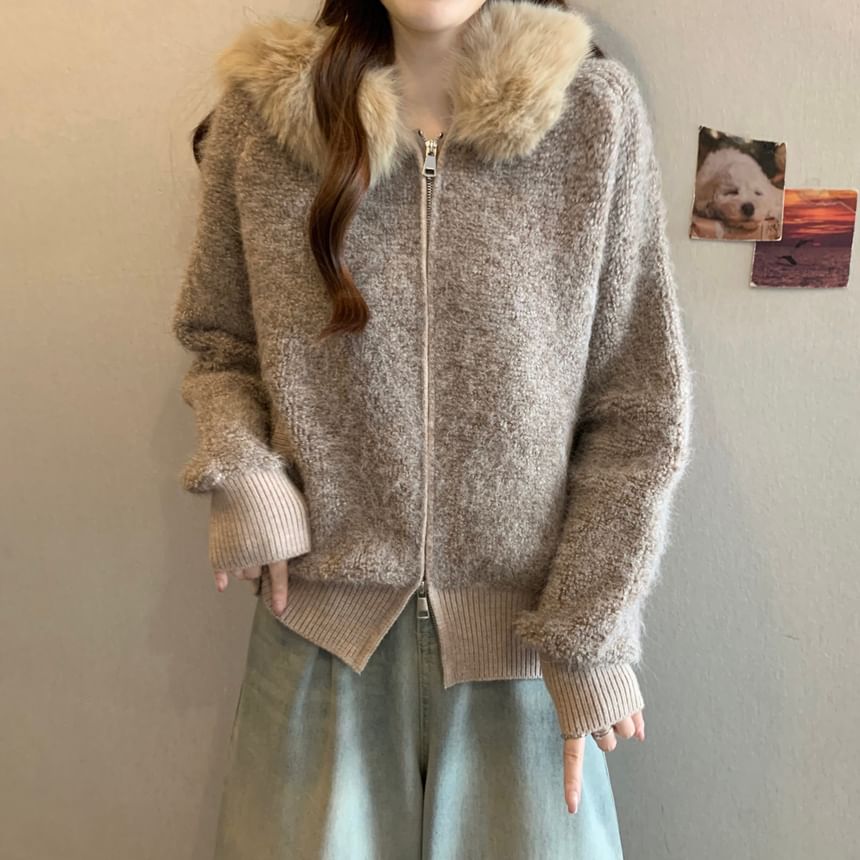 Fluffy Collared Plain Zip Cardigan