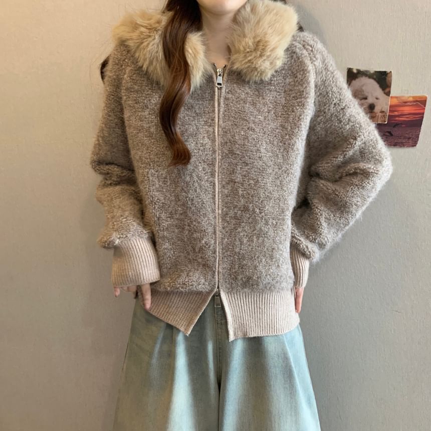 Fluffy Collared Plain Zip Cardigan