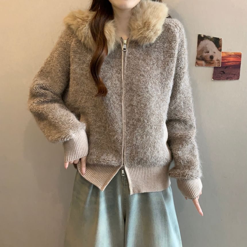 Fluffy Collared Plain Zip Cardigan