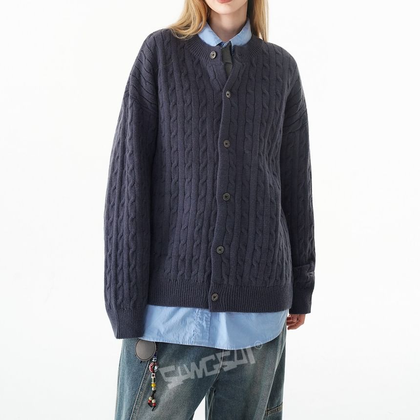 Round Neck Plain Cable Knit Button Up Cardigan