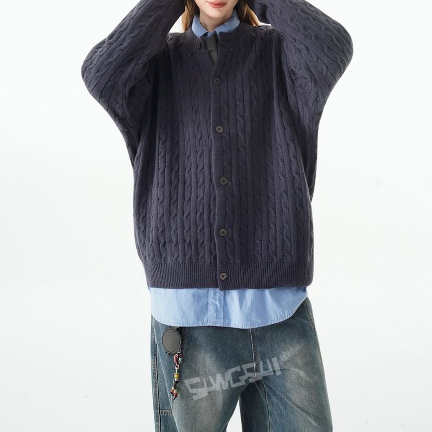Round Neck Plain Cable Knit Button Up Cardigan