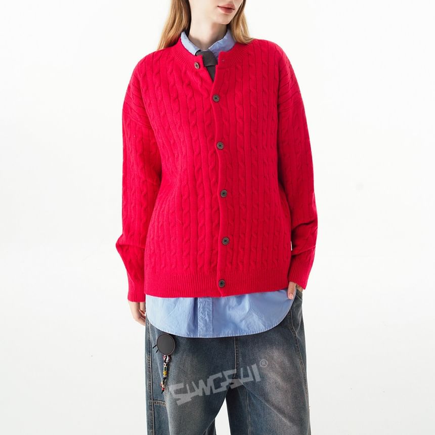 Round Neck Plain Cable Knit Button Up Cardigan