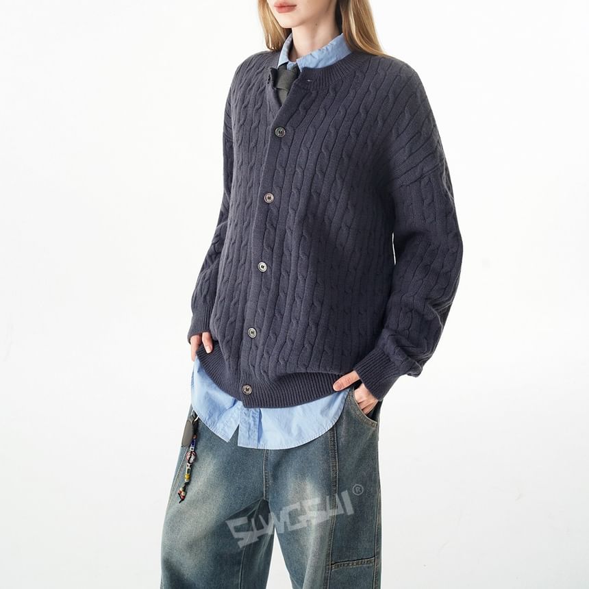 Round Neck Plain Cable Knit Button Up Cardigan