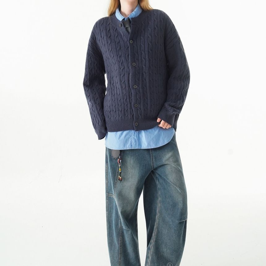 Round Neck Plain Cable Knit Button Up Cardigan