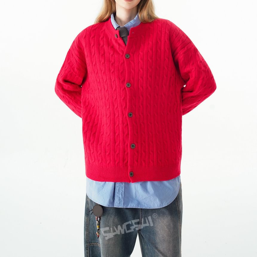 Round Neck Plain Cable Knit Button Up Cardigan