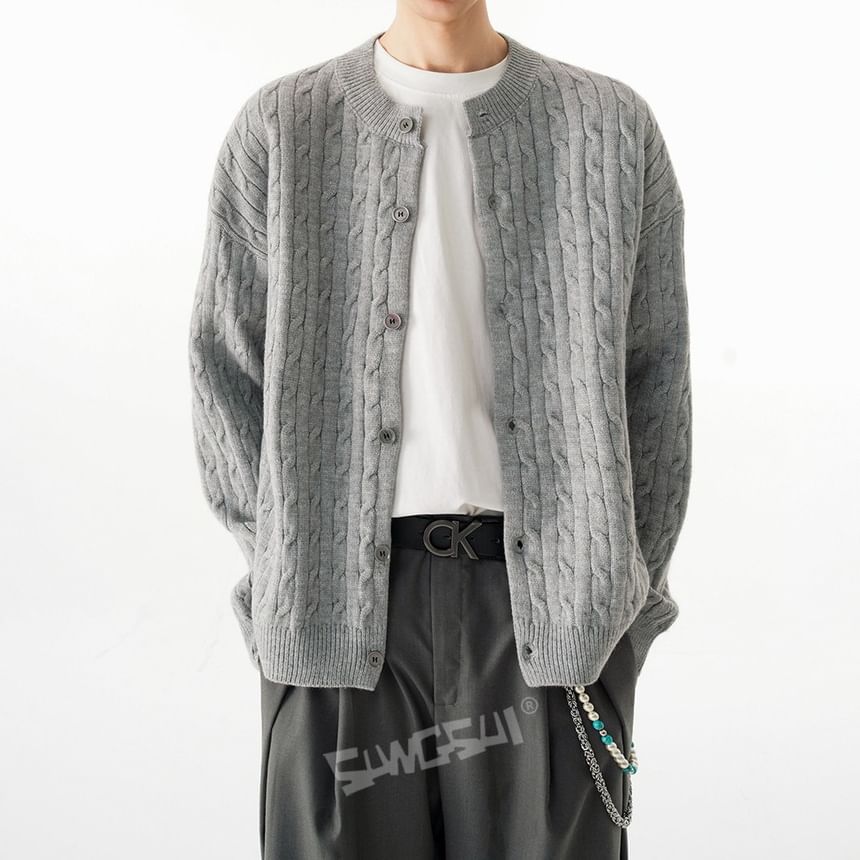 Round Neck Plain Cable Knit Button Up Cardigan