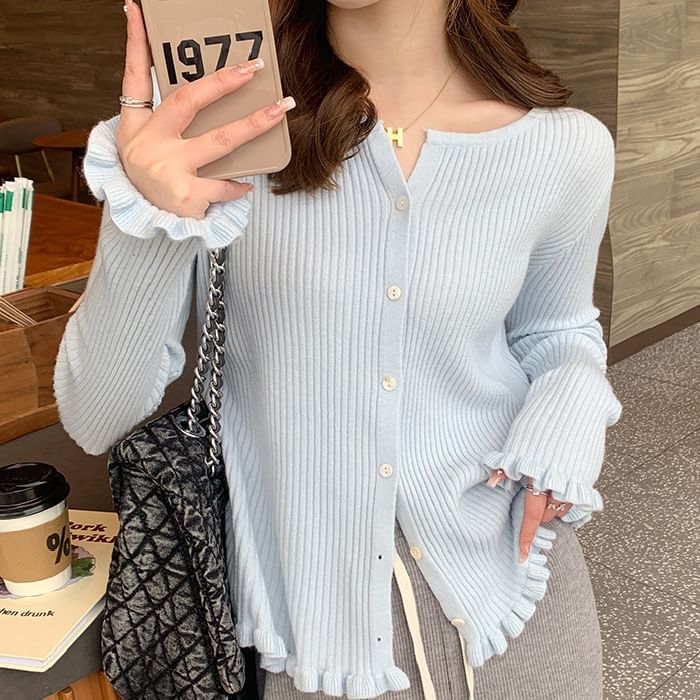 Button-Up Ribbed Plain Cardigan