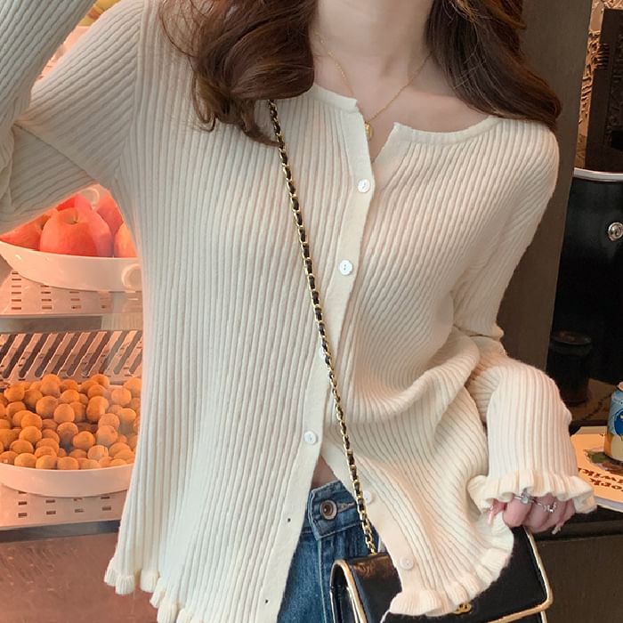 Button-Up Ribbed Plain Cardigan
