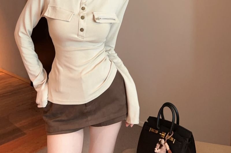 Mock Neck Solid Henley Long Sleeve Tee